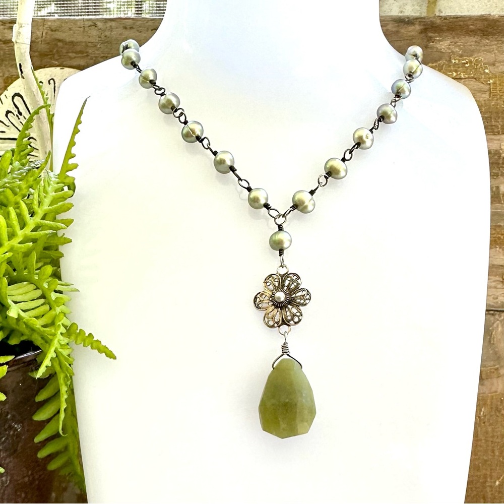 Artisan Floral Sterling Silver Green Pearls Jade Drop Y Necklace